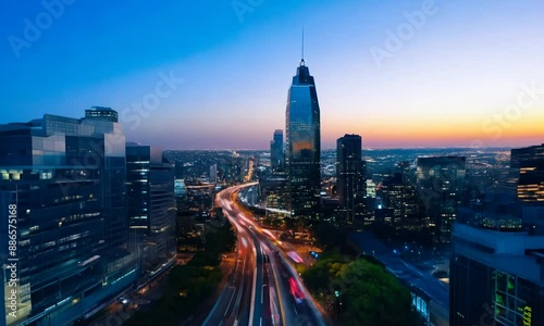 Day to night timelapse of big city from a high viewpoints. Camera ascends from street level to a rooftop, showcasing a city's transformation from day to night. 
