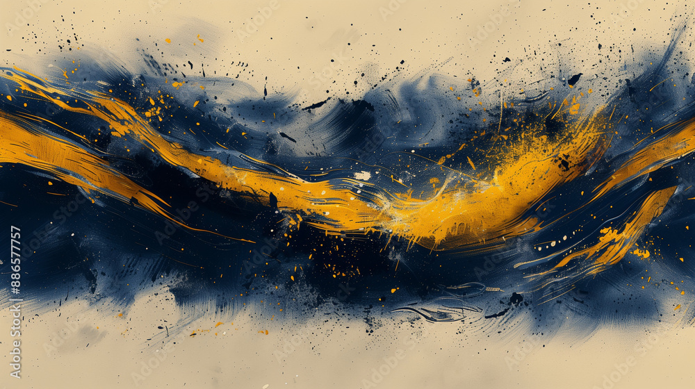 Artistic Fusion of Minimalist and Abstract Expressionism with Basketball Elements, Featuring Navy Blue and Yellow Shapes and Splashes