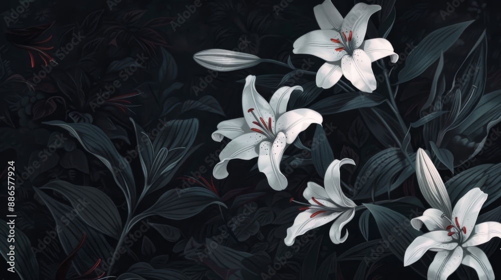 A banner with a dark background and white lily flowers. mourning is depicted through the imagery A banner with a dark background and white lily flowers. mourning is depicted through the imagery
