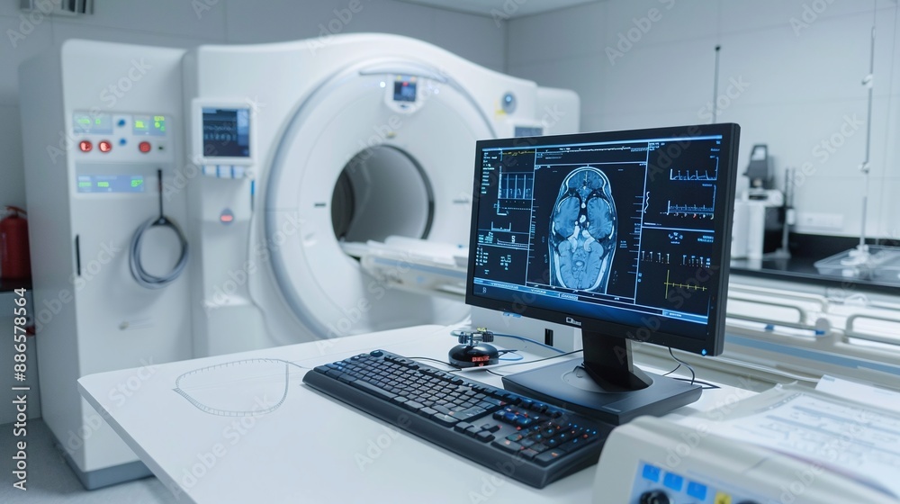 © Екатерина Чумаченко - Computer with enhanced MRI or CT scan as medical diagnostic device in hospital laboratory, indoors in a room © Екатерина Чумаченко - Computer with enhanced MRI or CT scan as medical diagnostic device in hospital laboratory, indoors in a room
