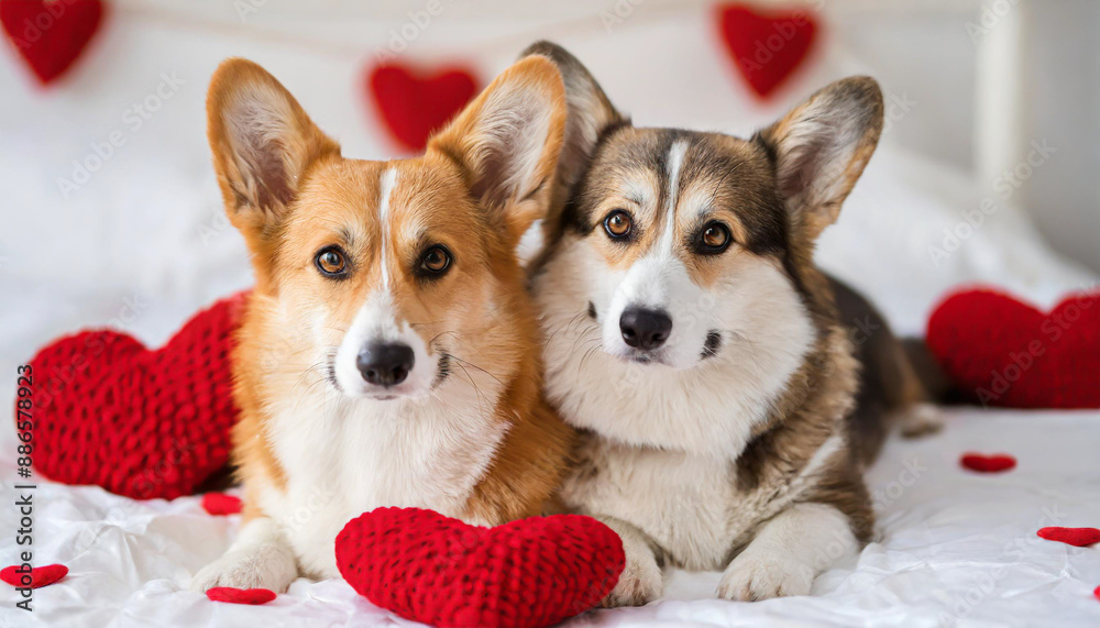 Cute cat and corgi dog are lying on a white bed together surrounded by knitted red hearts, hyperrealism, photorealism, photorealistic Cute cat and corgi dog are lying on a white bed together surrounded by knitted red hearts, hyperrealism, photorealism, photorealistic