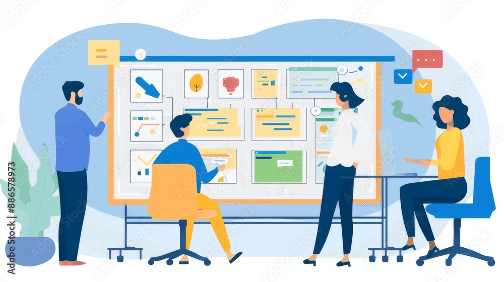Agile Software Development Team Seamlessly Adjusting Project Roadmap, Showcasing Adaptability and Collaboration Agile Software Development Team Seamlessly Adjusting Project Roadmap, Showcasing Adaptability and Collaboration