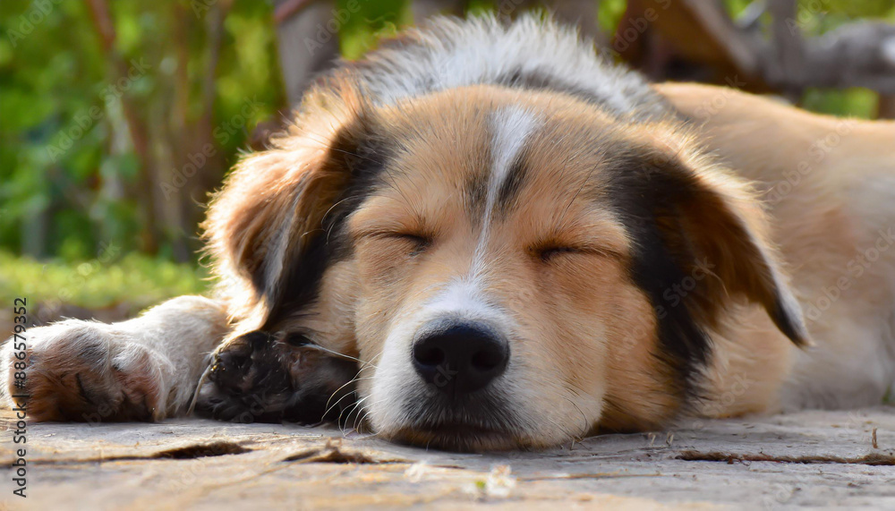 Cute dog sleeping comfortably on sofa with space for text on left top side of image Cute dog sleeping comfortably on sofa with space for text on left top side of image