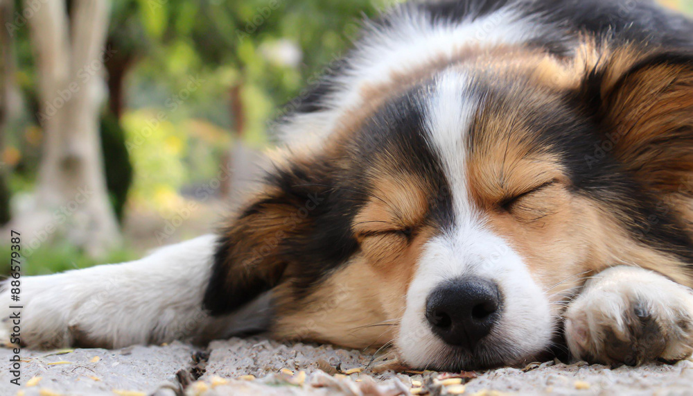 Cute dog sleeping comfortably on sofa with space for text on left top side of image Cute dog sleeping comfortably on sofa with space for text on left top side of image