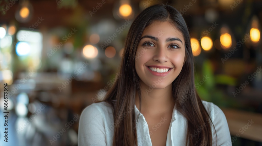 Obraz premium Young Hispanic Woman Smiling in Cozy Cafe, Perfect for Coffee Shop Promotion or Lifestyle Blogs