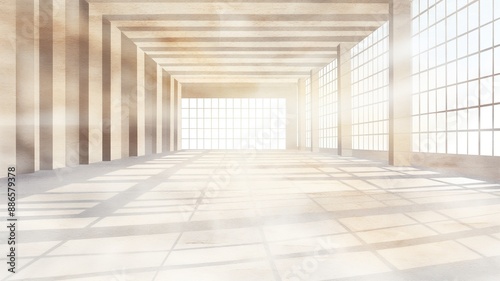 Cardboard box warehouse, sunlight streaming through windows, spacious interior, watercolor style