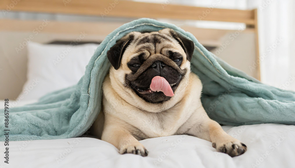 Cute pug puppy relaxing while sleeping on a bed, wrapped in a blanket, with its tongue jutting out. Cute pug puppy relaxing while sleeping on a bed, wrapped in a blanket, with its tongue jutting out.