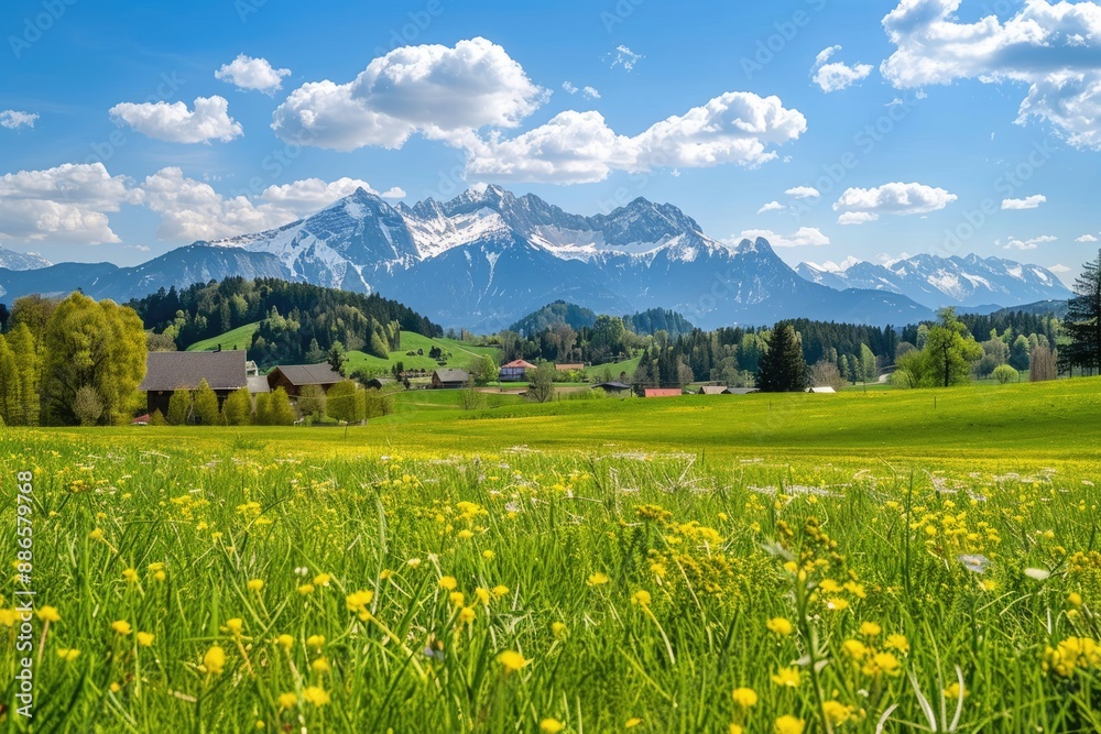 Alpine Meadow with Snow-Capped Mountains in the Background Alpine Meadow with Snow-Capped Mountains in the Background