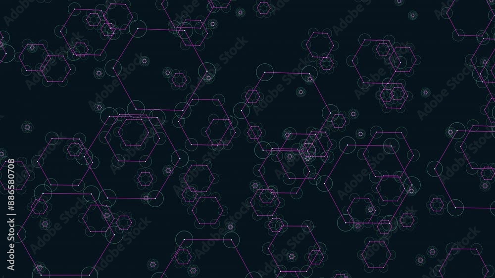 Vibrant purple and green hexagons arranged in a circular pattern create an eye-catching background or texture for design projects. Overlapping shapes add a playful touch