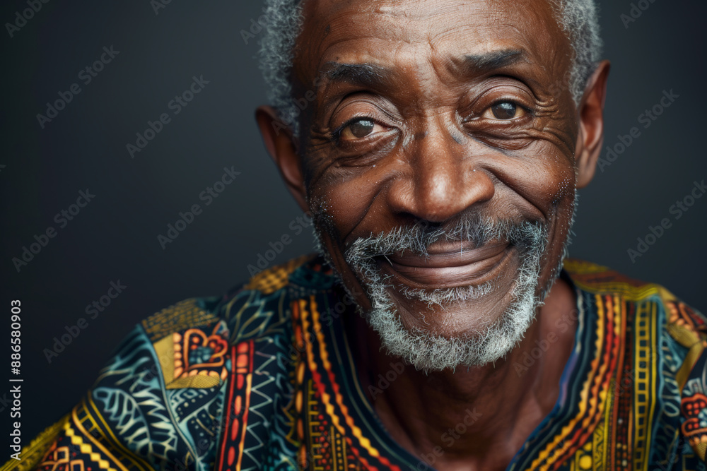 Close-up portrait of a senior man of African descent, studio photo, against a sleek gray studio backdrop Close-up portrait of a senior man of African descent, studio photo, against a sleek gray studio backdrop