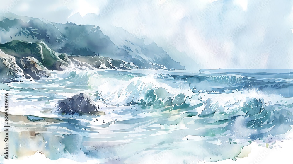 A soft, dreamy watercolor of high waves and rocky coasts on a sunny European day. Light and serene. A soft, dreamy watercolor of high waves and rocky coasts on a sunny European day. Light and serene.