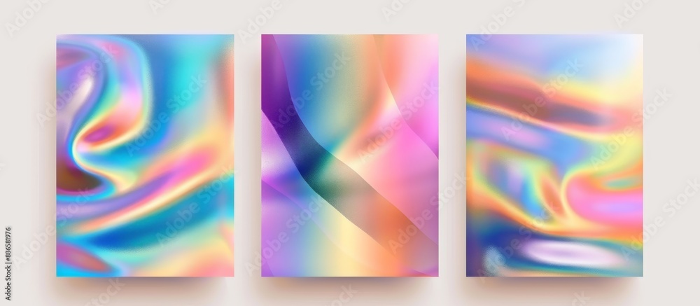 A triptych of abstract, iridescent prints showcasing fluid shapes with vibrant colors A triptych of abstract, iridescent prints showcasing fluid shapes with vibrant colors