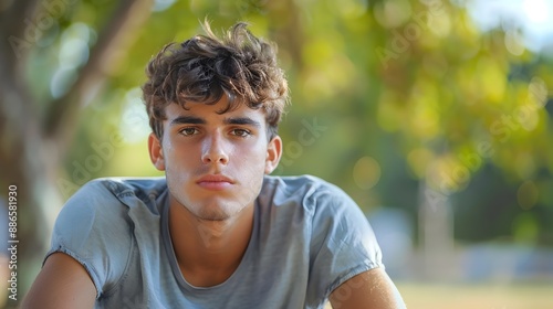 Disappointed Young Man Sitting in a Quiet Park with Slumped Shoulders and Downcast Expression