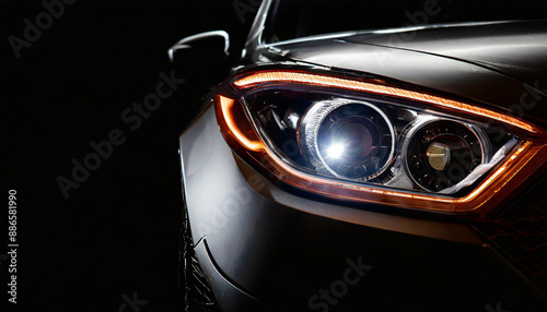 Detail on one of the LED headlights modern car on black background,