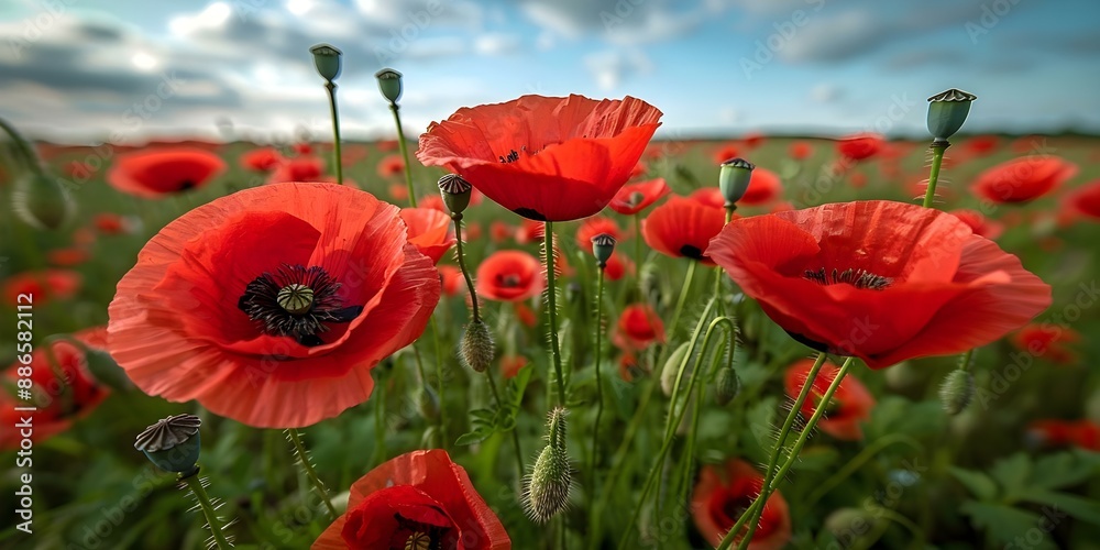 Naklejka premium Armistice Day tribute red poppies in field under morning sky. Concept Remembrance, Armistice Day, Tribute, Red Poppies, Morning Sky