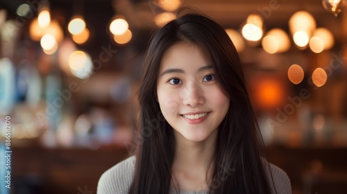Wallpaper Mural Happy Korean Teenage Girl with Long Black Hair Smiling Indoors with Warm Ambient Lighting Background Torontodigital.ca
