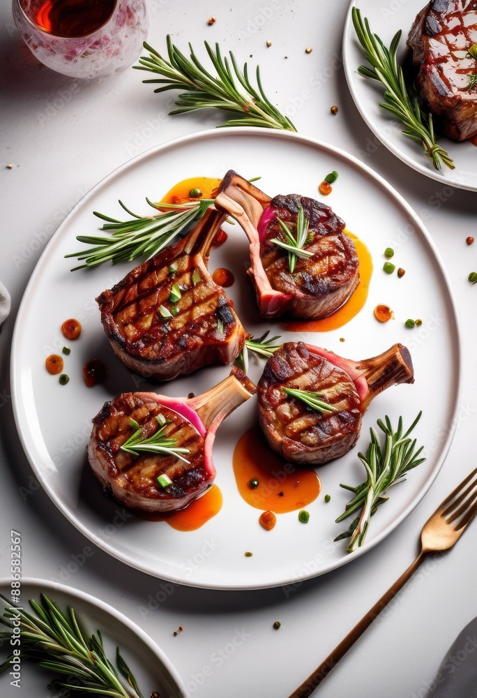 succulent lamb chops garnished fresh rosemary sprigs white plate, juicy, herb, food, meat, delicious, cooked, grilled, gourmet, meal, dish, cuisine, tender succulent lamb chops garnished fresh rosemary sprigs white plate, juicy, herb, food, meat, delicious, cooked, grilled, gourmet, meal, dish, cuisine, tender