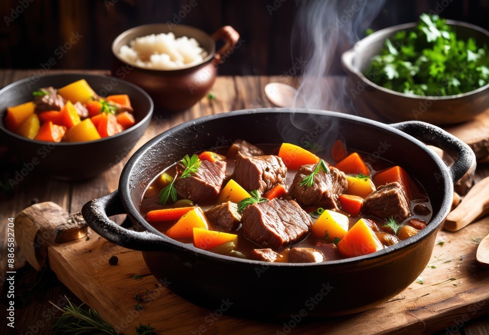 homemade hearty beef stew cooking rustic cast iron pot wooden table, delicious, savory, comfort, food, simmering, preparation, ingredients, culinary, meal, dinner, homemade hearty beef stew cooking rustic cast iron pot wooden table, delicious, savory, comfort, food, simmering, preparation, ingredients, culinary, meal, dinner,