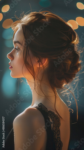 Profile of woman with elegant updo and lace dress in bokeh lighting