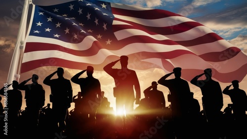 Veterans Day honor with silhouetted soldiers saluting the American flag photo