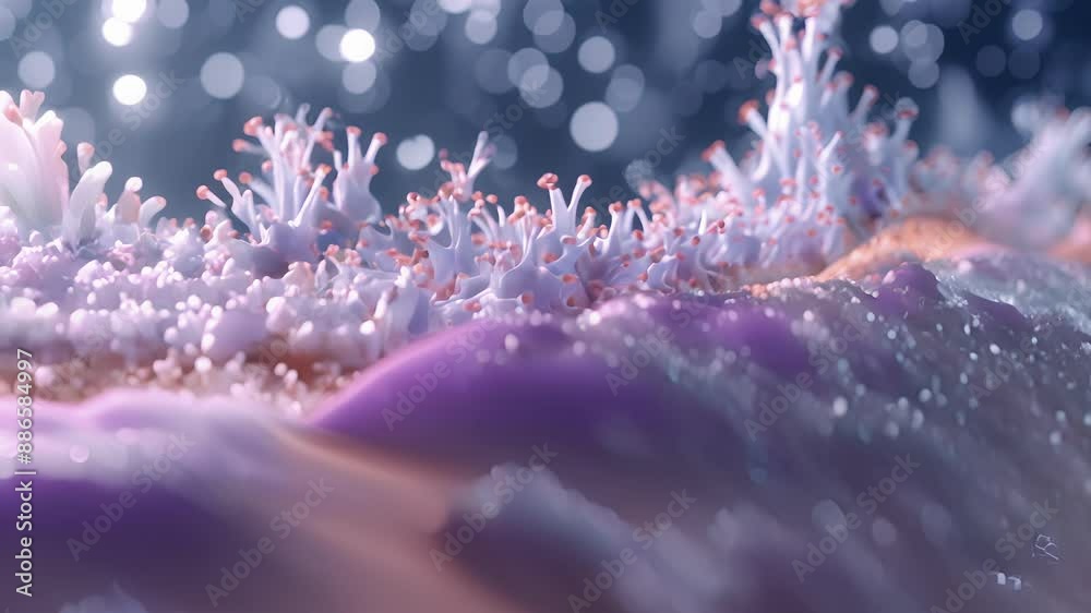 The intricate interface between two cells made up of microvilli projections and tight junctions providing a large surface area for efficient absorption and transport across the membrane. The intricate interface between two cells made up of microvilli projections and tight junctions providing a large surface area for efficient absorption and transport across the membrane.