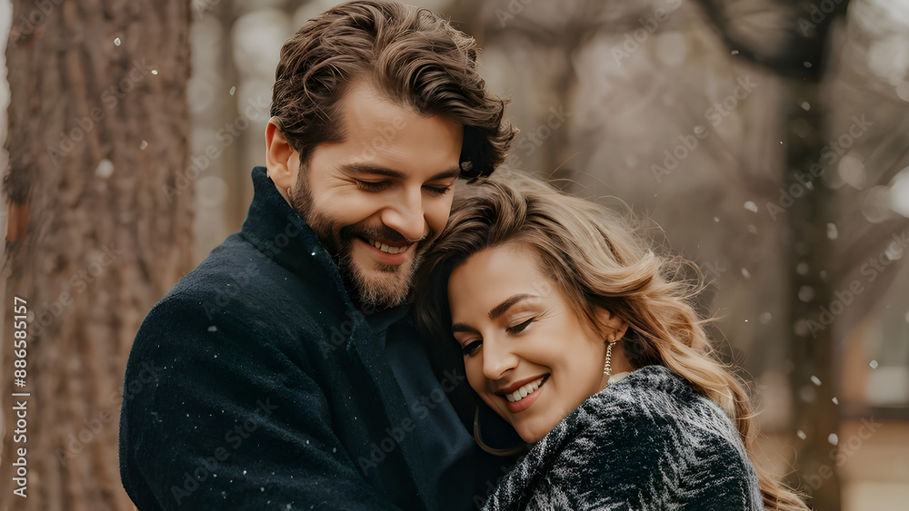 Obraz premium A couple cuddling and smiling outside