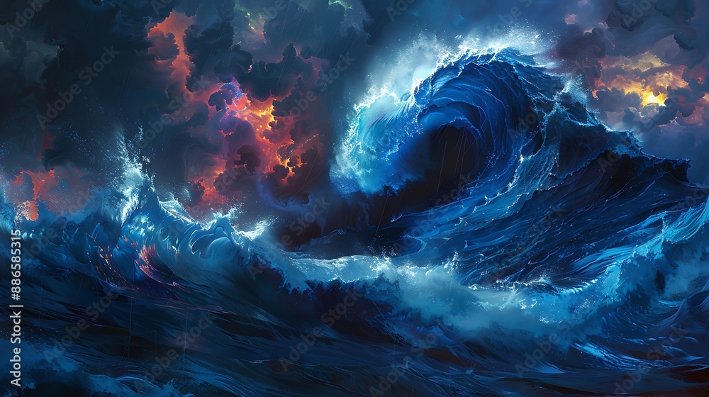 A striking generative AI image of a large stormy sea wave in dark blue, with bold, colorful highlights A striking generative AI image of a large stormy sea wave in dark blue, with bold, colorful highlights