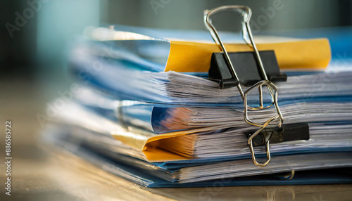 extreamly close up the stacking of office working document with paper clip folder photo