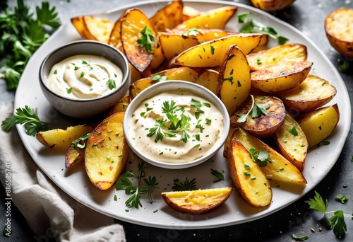 golden crispy potato wedges served creamy garlic aioli dip white plate, crunchy, garlicy, seasoned, fresh, savory, homemade, tasty, delicious, appetizer photo