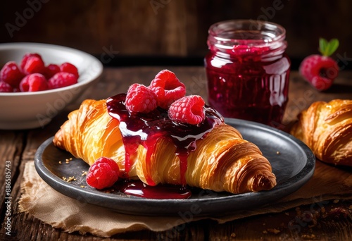 delicious flaky croissant jam oozing out, buttery, pastry, sweet, bakery, snack, treat, dessert, indulgent, crispy, soft, fresh, fruity, baked, layered photo