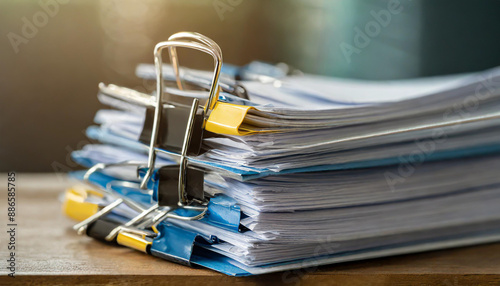 extreamly close up the stacking of office working document with paper clip folder photo