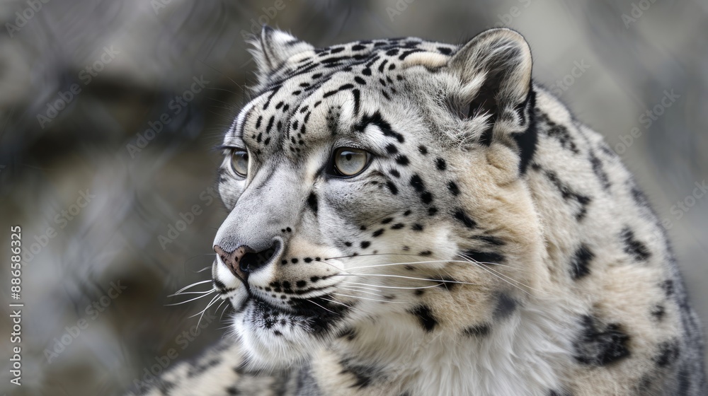 Close-up portrait of a snow leopard with its head turned to the side. Close-up portrait of a snow leopard with its head turned to the side.
