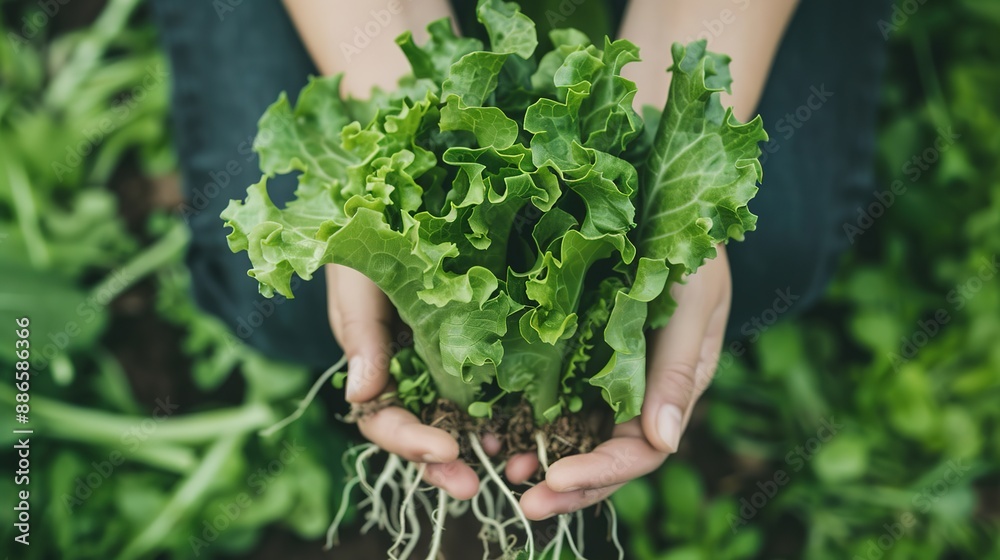 Close-Up of Hand Holding and Picking Up Fresh Green Lettuce Salad Leaves with Roots Close-Up of Hand Holding and Picking Up Fresh Green Lettuce Salad Leaves with Roots