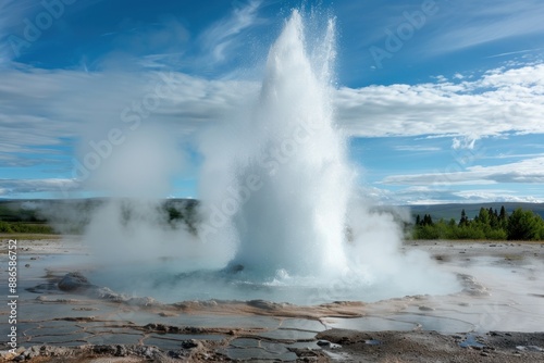 Erupting geyser with blue sky and clouds.