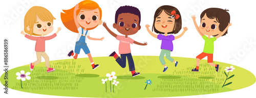 Multiracial school kids. Boys and girls are playing together happily jump. Kids Play at the grass. The concept is fun and vibrant moments of childhood. Vector illustrations