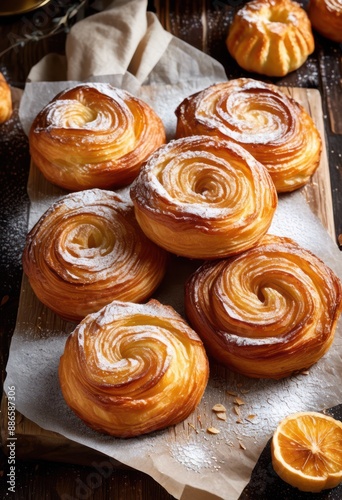 delicious flaky kouign amann pastry layers gourmet treats, buttery, caramelized, crispy, sugary, golden, puff, artisanal, decadent, homemade, mouthwatering photo