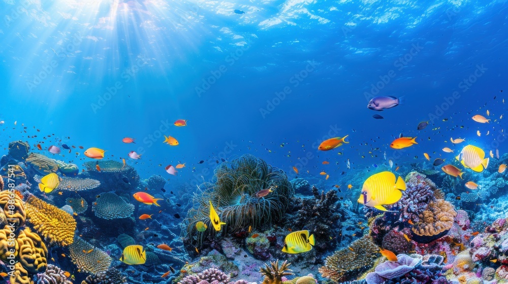 Naklejka premium Vibrant coral reef with colorful fish.