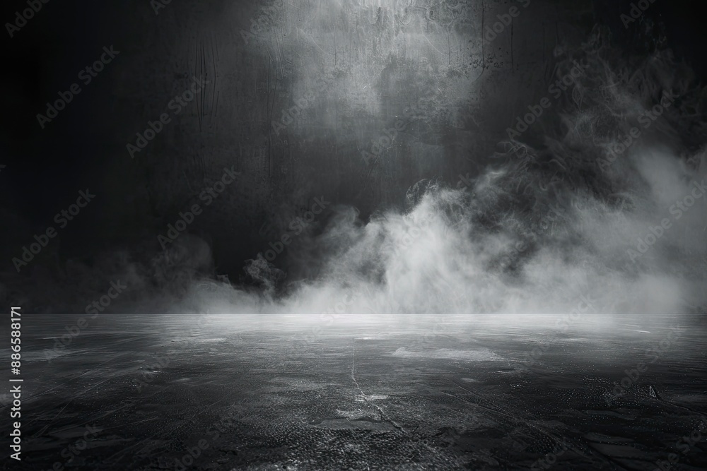 Abstract image of dark room concrete floor. Black space or stage backdrop for product placement. Abstract fog panoramic view with generative ai