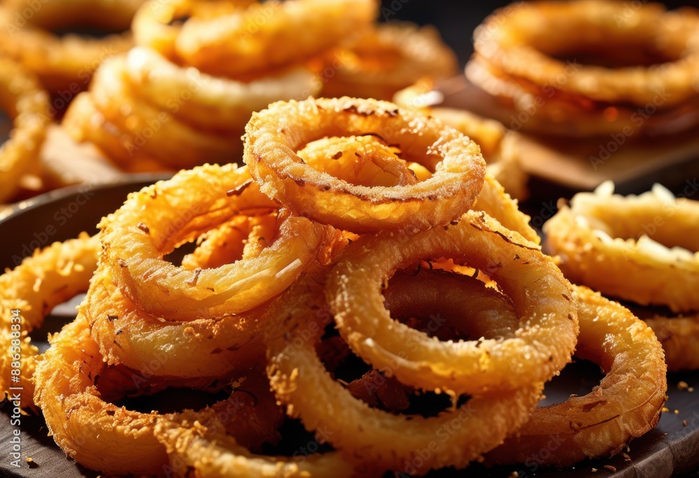 crispy onion rings stacked delicious crunchy snack tower presentation, golden, fried, appetizer, tasty, fast, food, round, layered, brown, greasy, circular