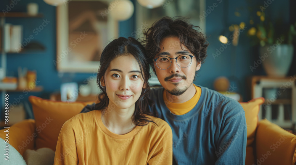 A young couple sits on a couch in a living room, the woman wearing a yellow shirt and the man wearing a blue shirt. A young couple sits on a couch in a living room, the woman wearing a yellow shirt and the man wearing a blue shirt.