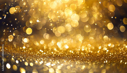 Golden sparkle glitters with bokeh effect and selectieve focus. Festive background with bright gold lights, champagne bubble. Christmas mood concept. Copy space, close up, texture, top view. photo