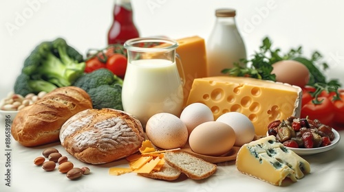 Milk, cheese, eggs, organic vegetables, bread, fruits, on white background. Generative AI.