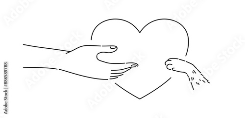 Human hand and cat paw with a heart in outline drawing.
