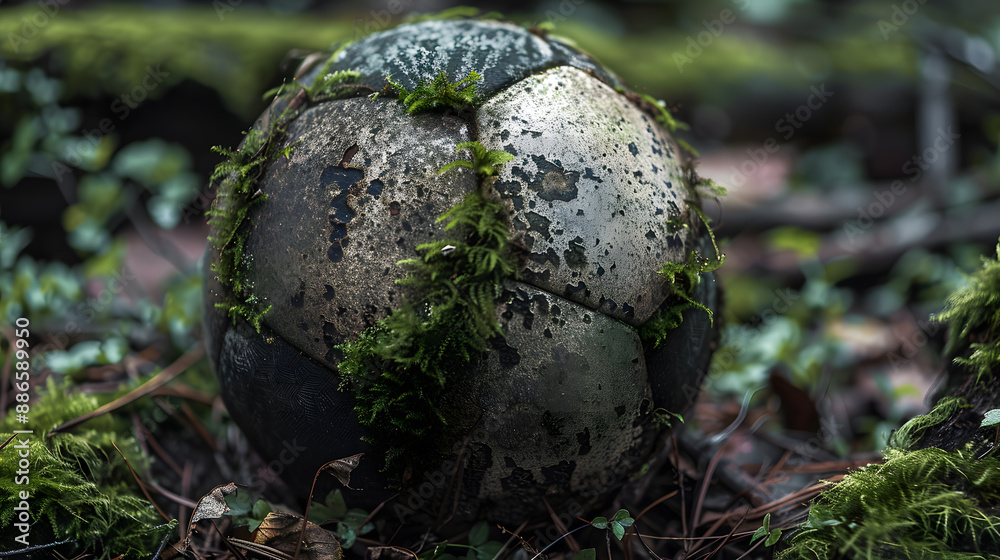 A soccer ball covered in moss and dirt sits on the ground in a forest A soccer ball covered in moss and dirt sits on the ground in a forest