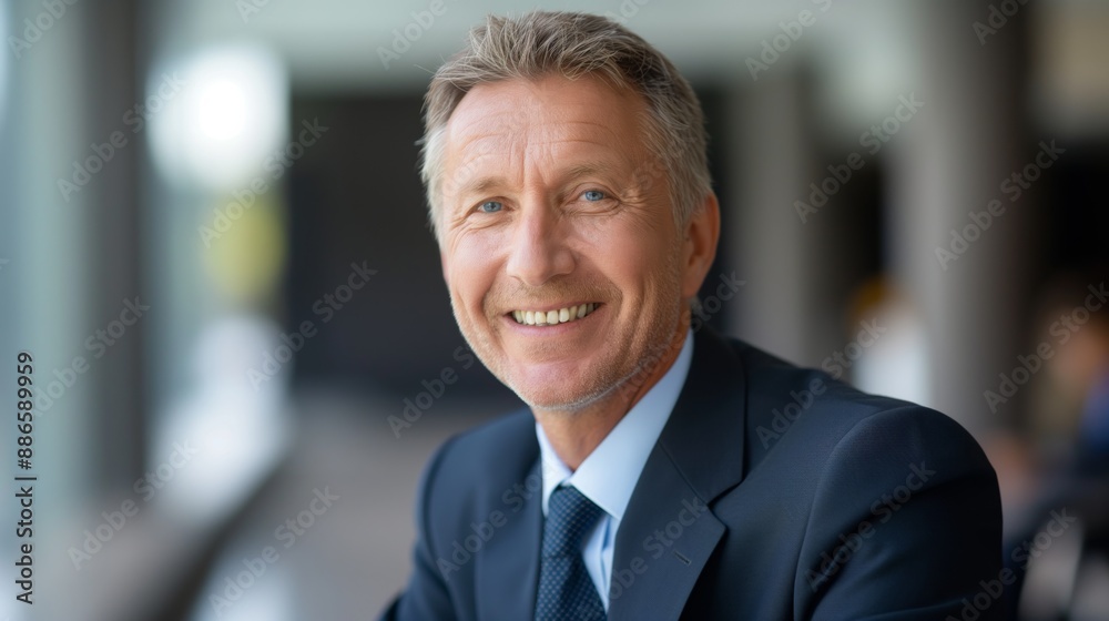 Smiling Western European Middle Aged Businessman in Suit, Office Environment, Professional Corporate Setting Smiling Western European Middle Aged Businessman in Suit, Office Environment, Professional Corporate Setting