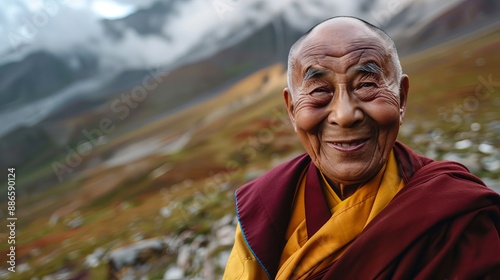 a dalai lama sitting and smiling on top of mountains while in meditation, he is embracing his journey to find himself in solitude