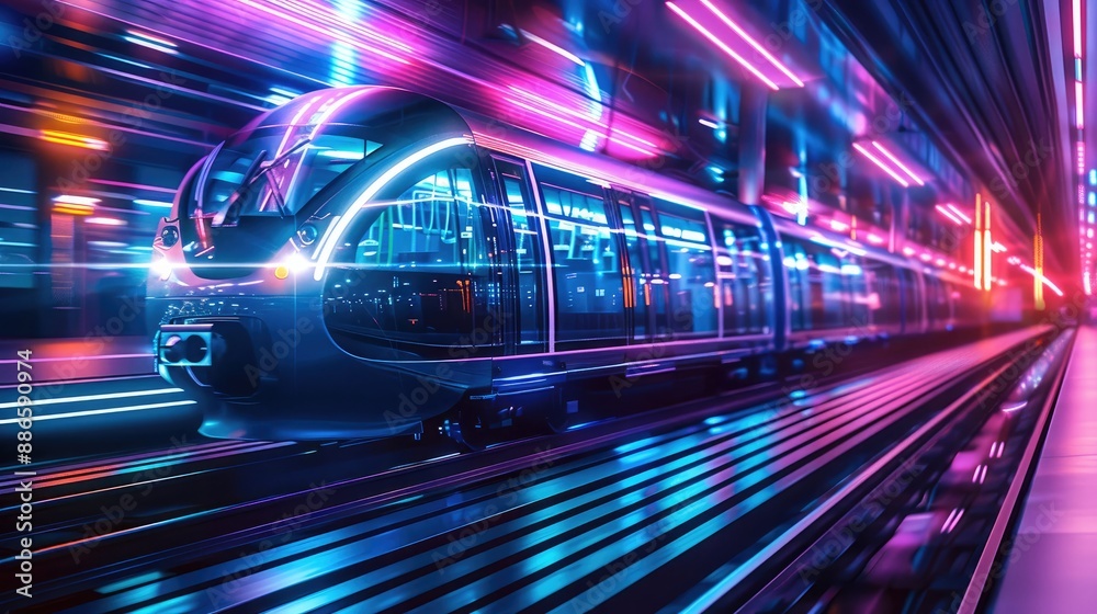 Cyber style light rail, blue and purple in color. Generative AI.