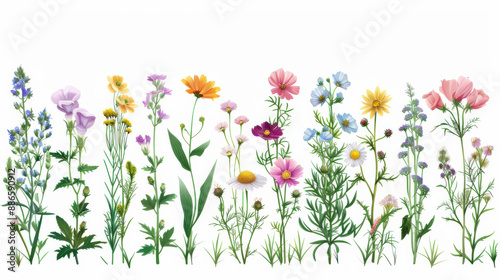 Detailed illustration of various wildflowers, depicting different species in full bloom against a white background.