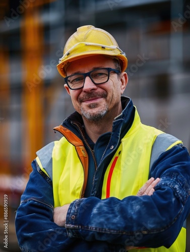 A worker on a construction site wears a hard hat and safety vest, with tools and equipment nearby