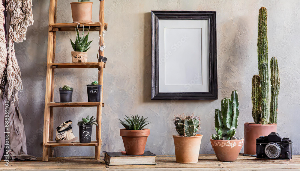 Interior design of living room with black poster mock up frame, shelf, cacti, plant, books, photo camera, wooden ladder and elegant personal accessoreis. Grunge wall. Stylis Interior design of living room with black poster mock up frame, shelf, cacti, plant, books, photo camera, wooden ladder and elegant personal accessoreis. Grunge wall. Stylis
